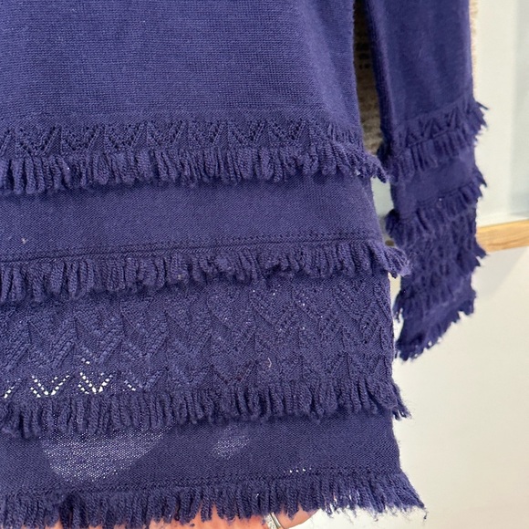 Trina Turk Sass Merino Wool Pointelle Fringe Trim Sweater Blue Small | L005 - Picture 5 of 12